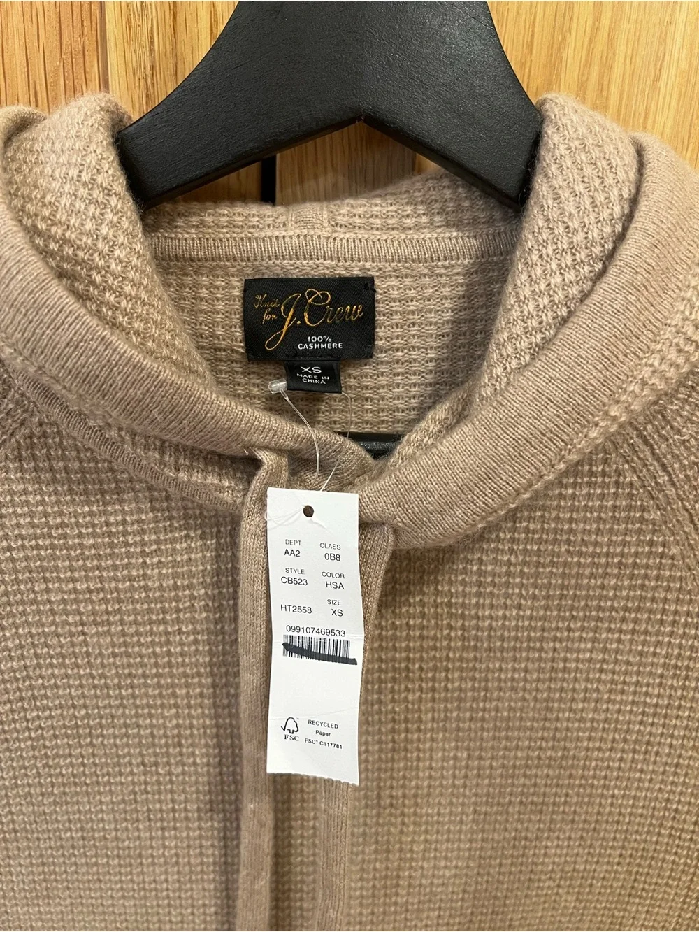 J. Crew Cashmere Waffle Knit Hooded Sweater Heather Sand Size XS NWT Cozy Lounge